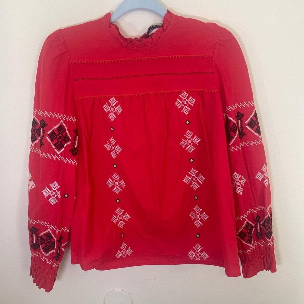 Zara Woman Red White and Black Embroidered Cotton Blouse